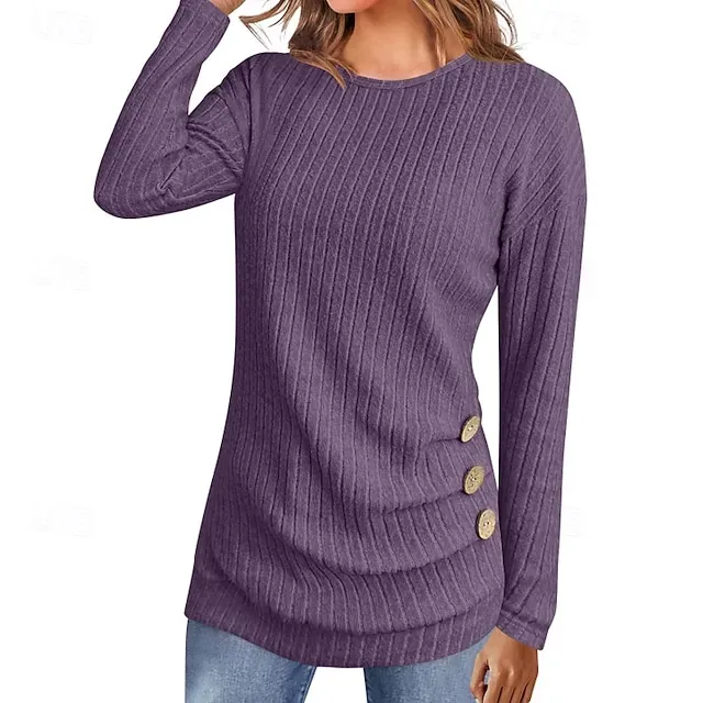 Women's Sweater Pullover Streetwear Casual Solid Color Ribbed Crew Neck Buttons Knitted Long Sleeve Regular Tops Knit Daily Holiday Weekend Black Army Green Fall Winter