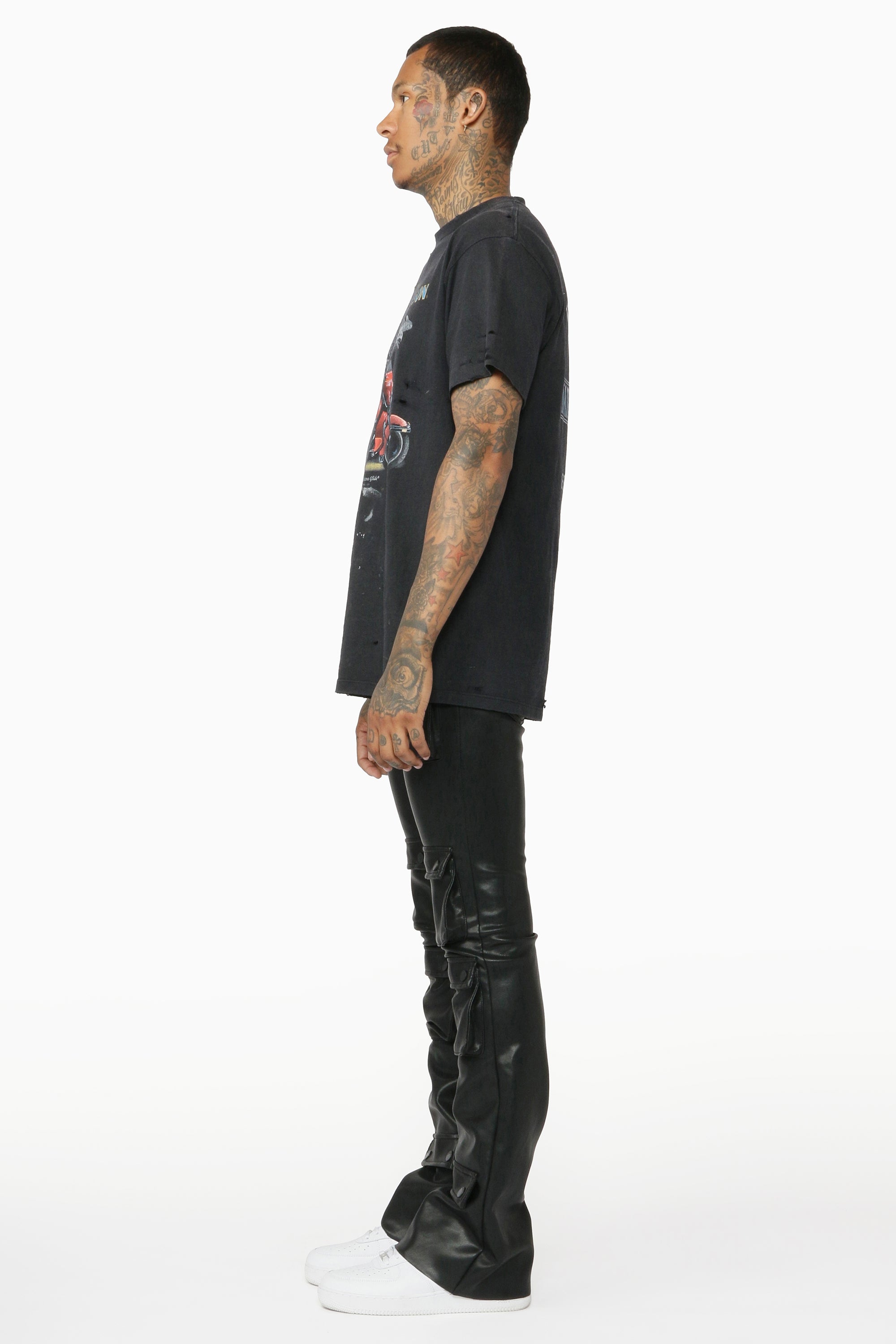 Remi Black Faux Leather Stacked Flare Jean