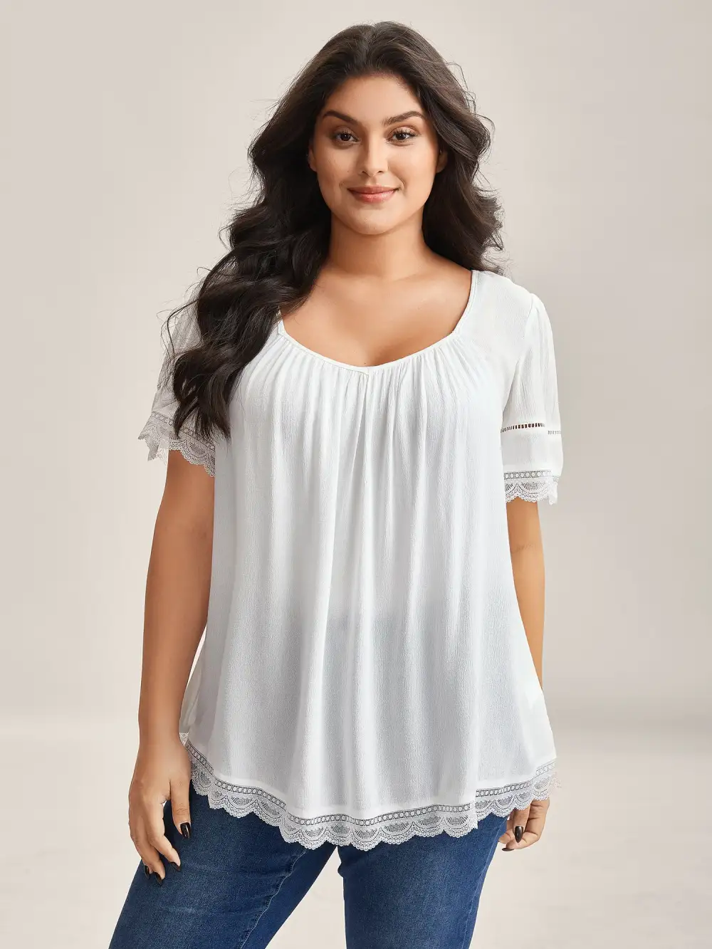 Rayon Flowy Lace Trim Solid Blouse