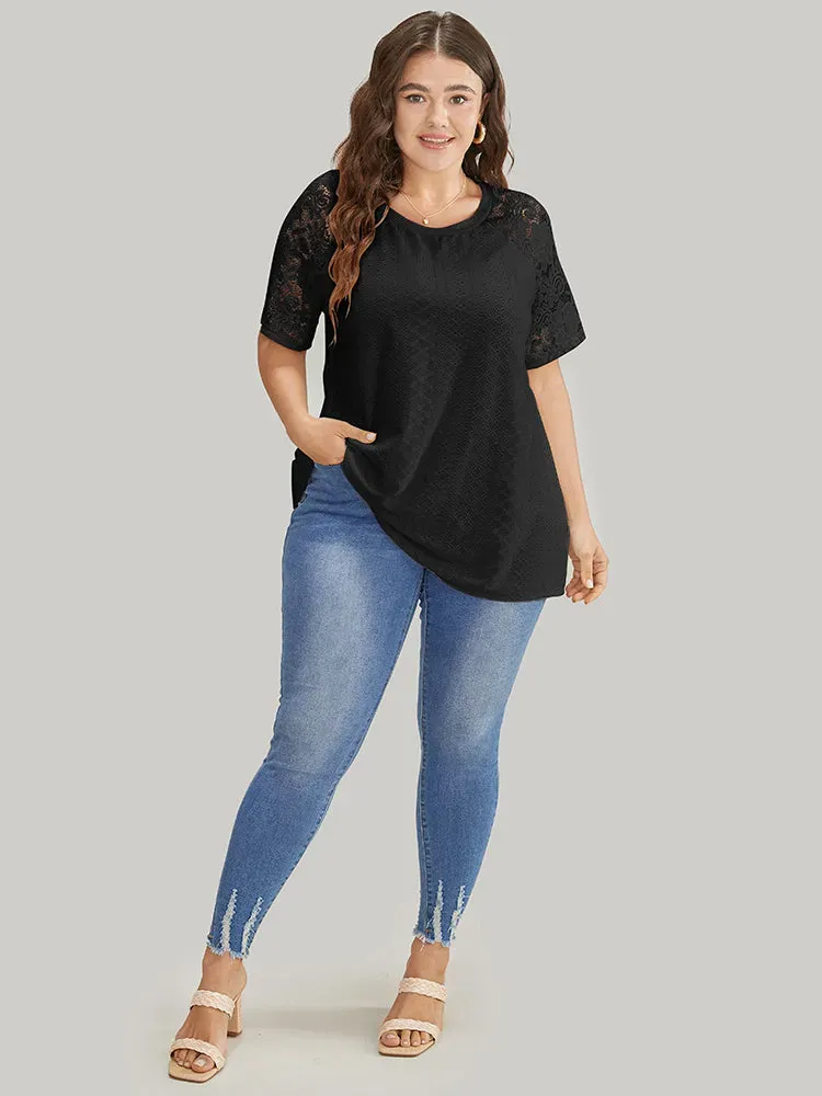 Solid Broderie Anglaise Lace Raglan Sleeve T-shirt