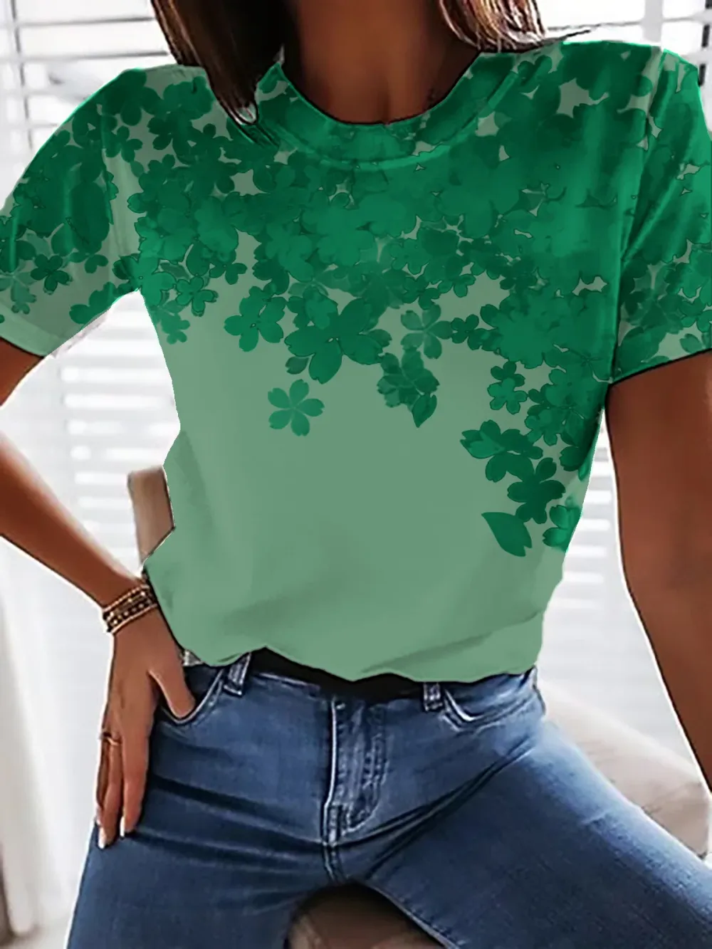 Crew Neck Floral Casual T-Shirt/Tee