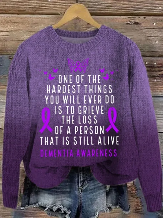 Dementia Awareness Month Butterfly Warrior Alzheimers Casual Purple Floral Crew Neck Sweater