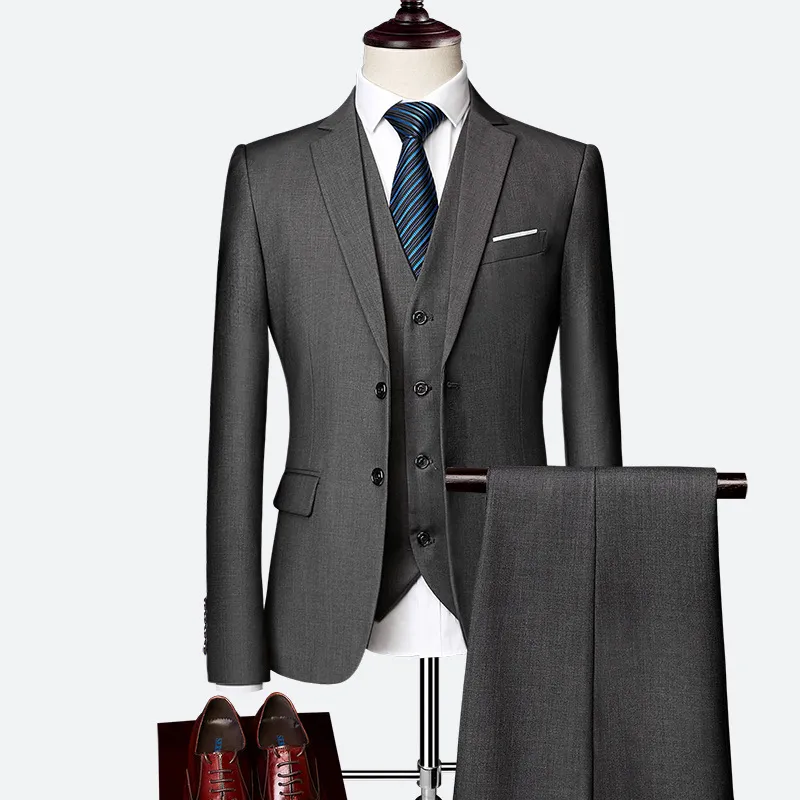 Men's Business Solid Single Breasted Pocket Lapel Collar Lapel Blazer & Vest & Pants 3Pcs Set