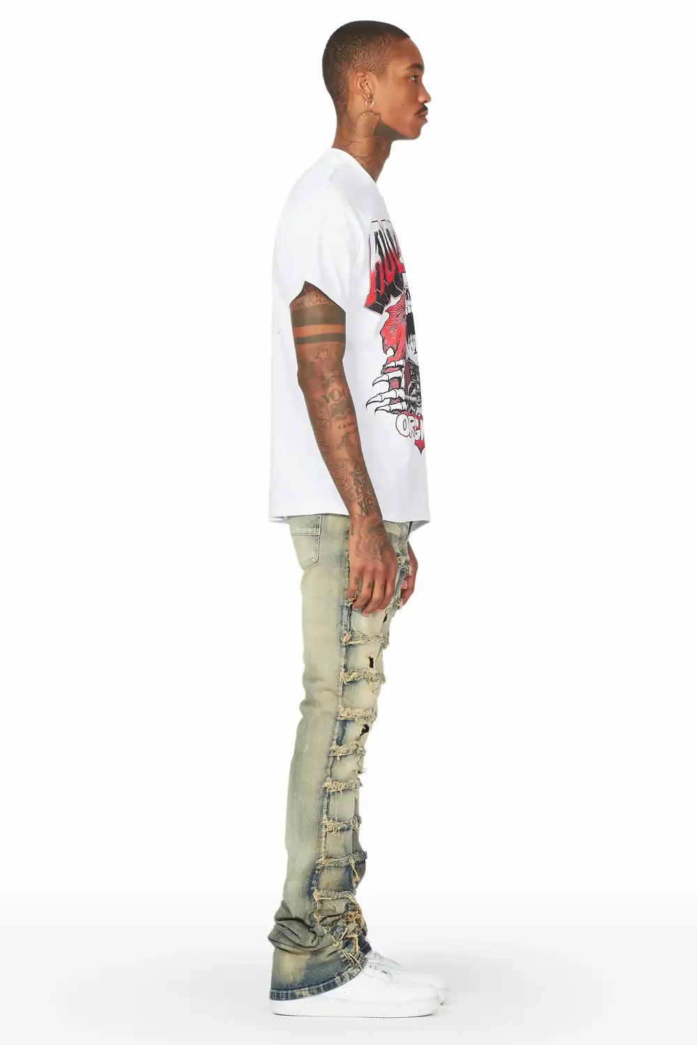 Waylon Rustic Blue Frayed Super Stacked Flare Jean