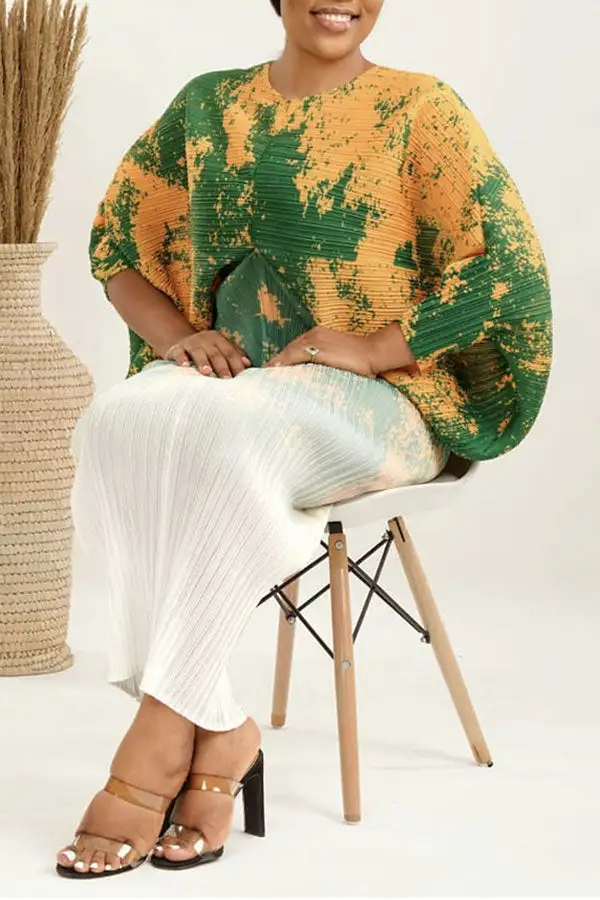 Abstract Print Stylish Batwing Sleeve Midi Dress