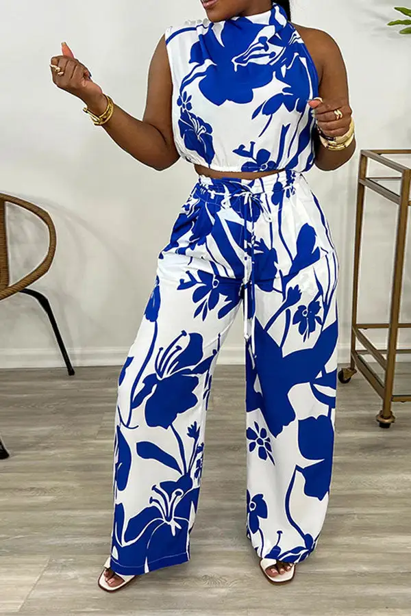 Floral Print Lace-Up Irregular Neck Pant Set