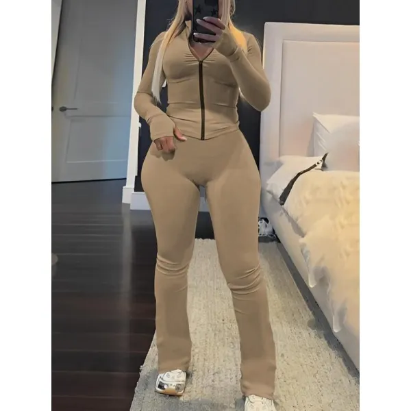 Two-piece Set Women's Solid Zip Up Crop Top & High Waist Skinny Pants