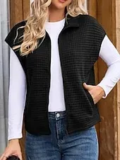 Women's Sweater Sweater Vest Streetwear Casual Solid Color Shirt Collar Zipper Pocket Knitted Sleeveless Regular Tops Knit Daily Holiday Going out Black White Fall Winter
