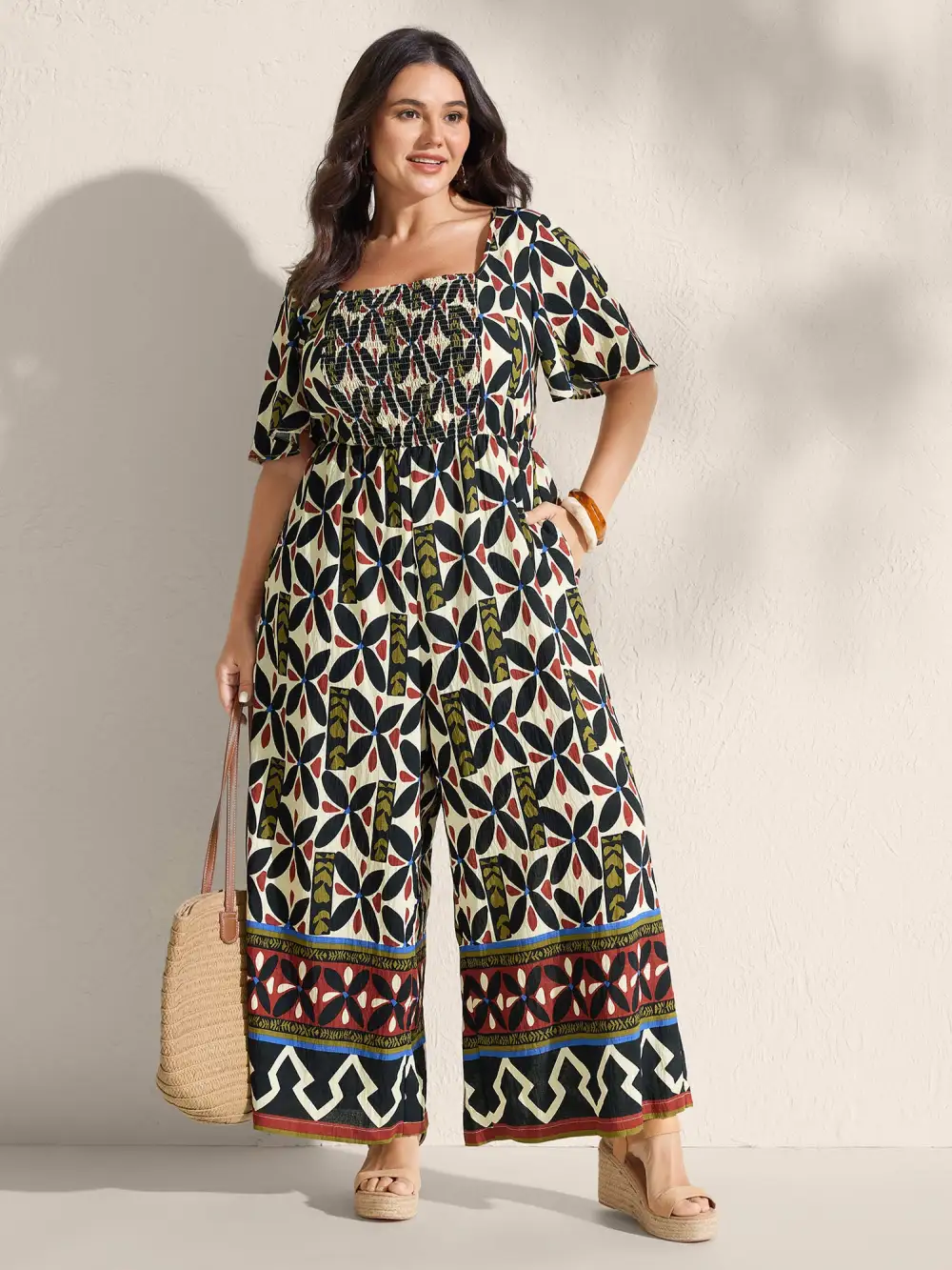 Retro Chic Print Shirred Bodice Jumpsuit
