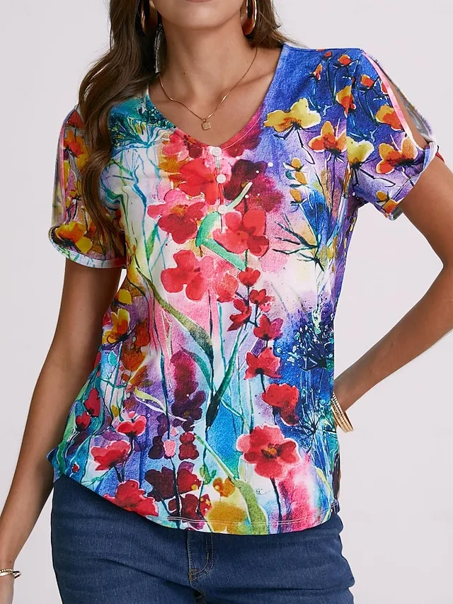 Women's T shirt Tee Floral Button Cut Out Print Holiday Weekend Basic Neon & Bright Short Sleeve V Neck Red