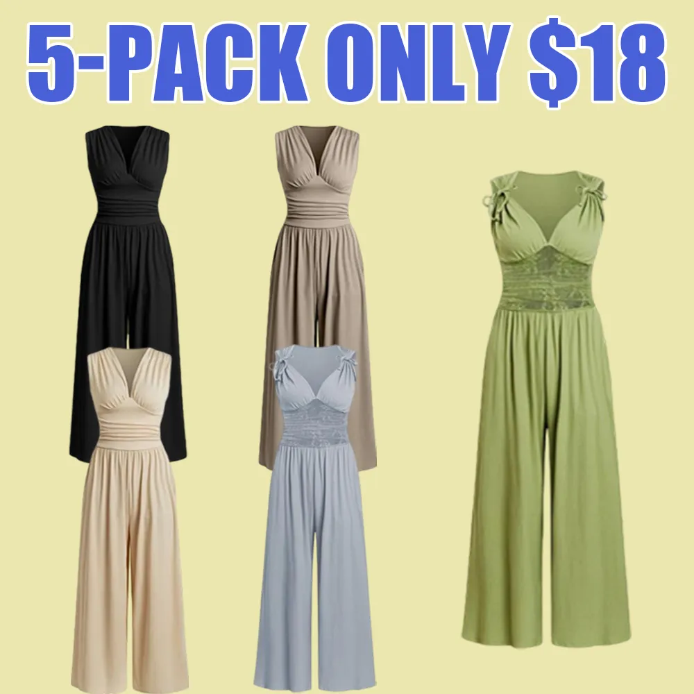 Women's Sleeveless Ruched V-Neck Ribbed Jumpsuit – Minimalist Wide-Leg One-Piece