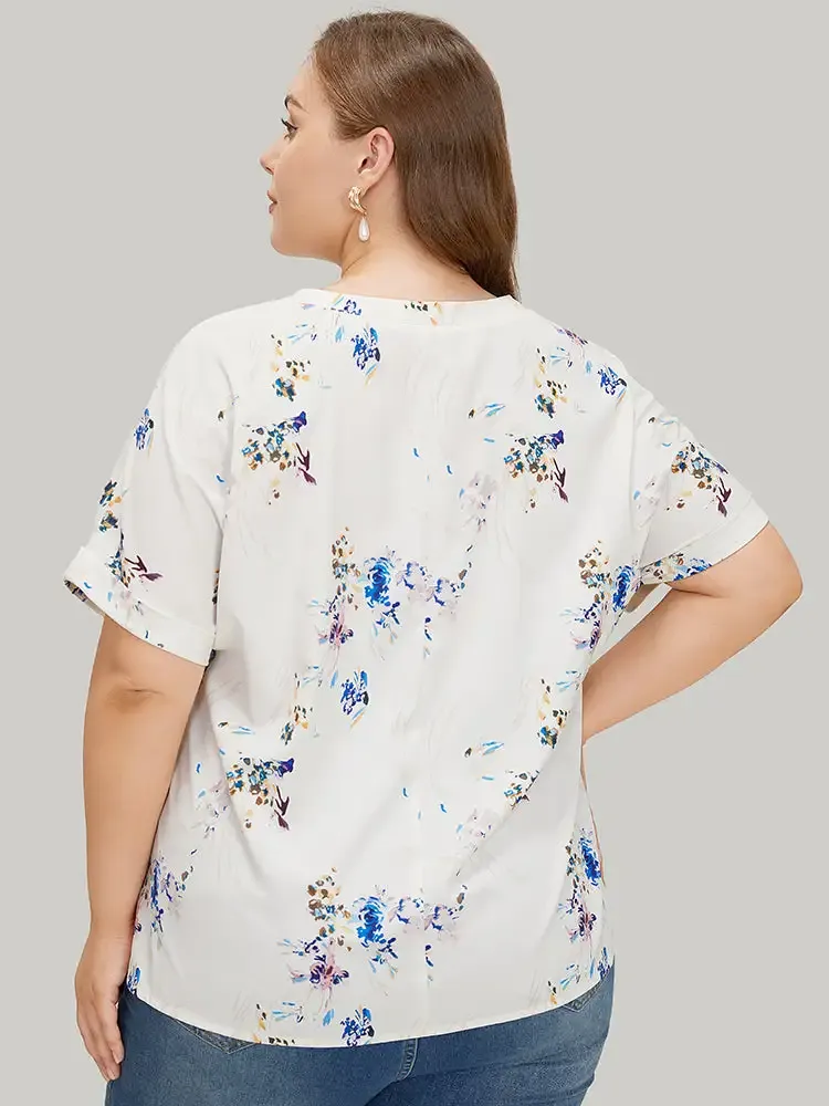 Floral Roll Batwing Sleeve Notched Neck Blouse