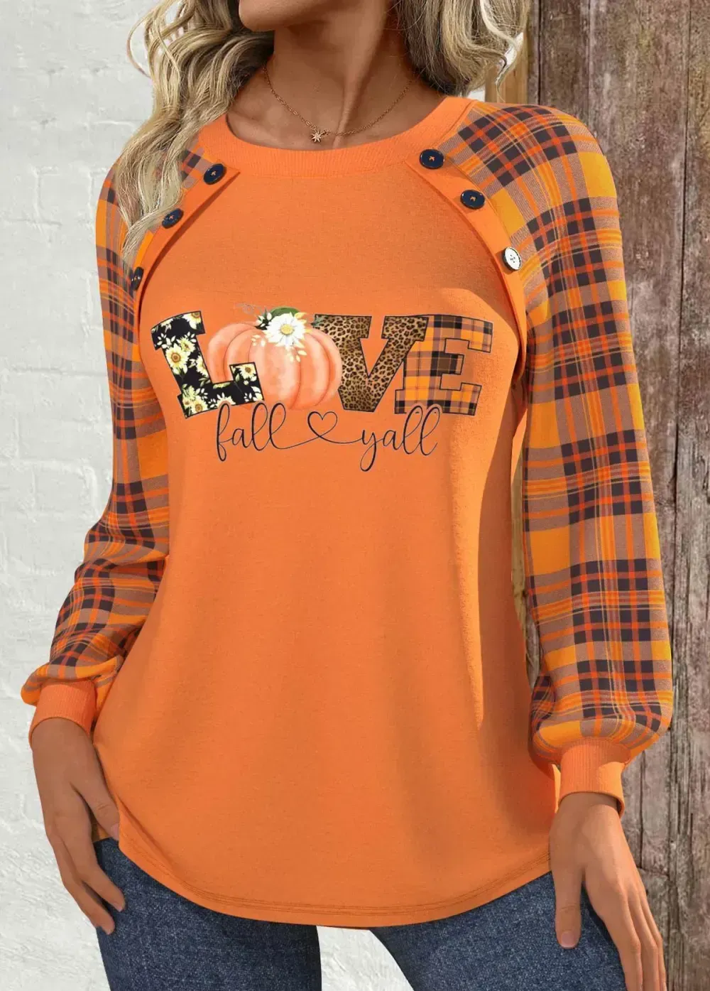 Halloween Orange Button Long Sleeve Round Neck Sweatshirt