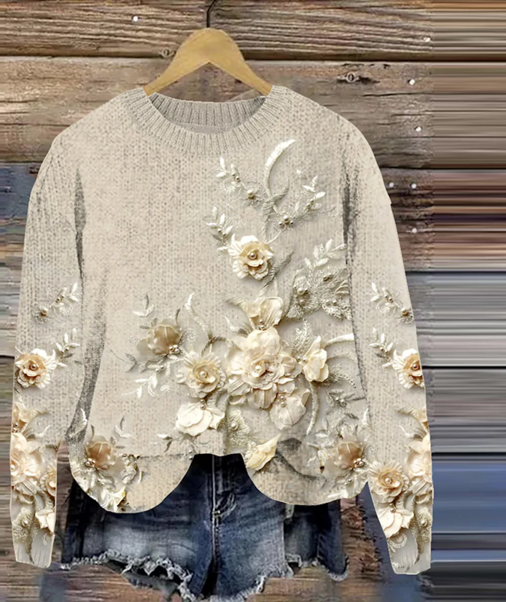 Vintage floral round neck knitted sweater