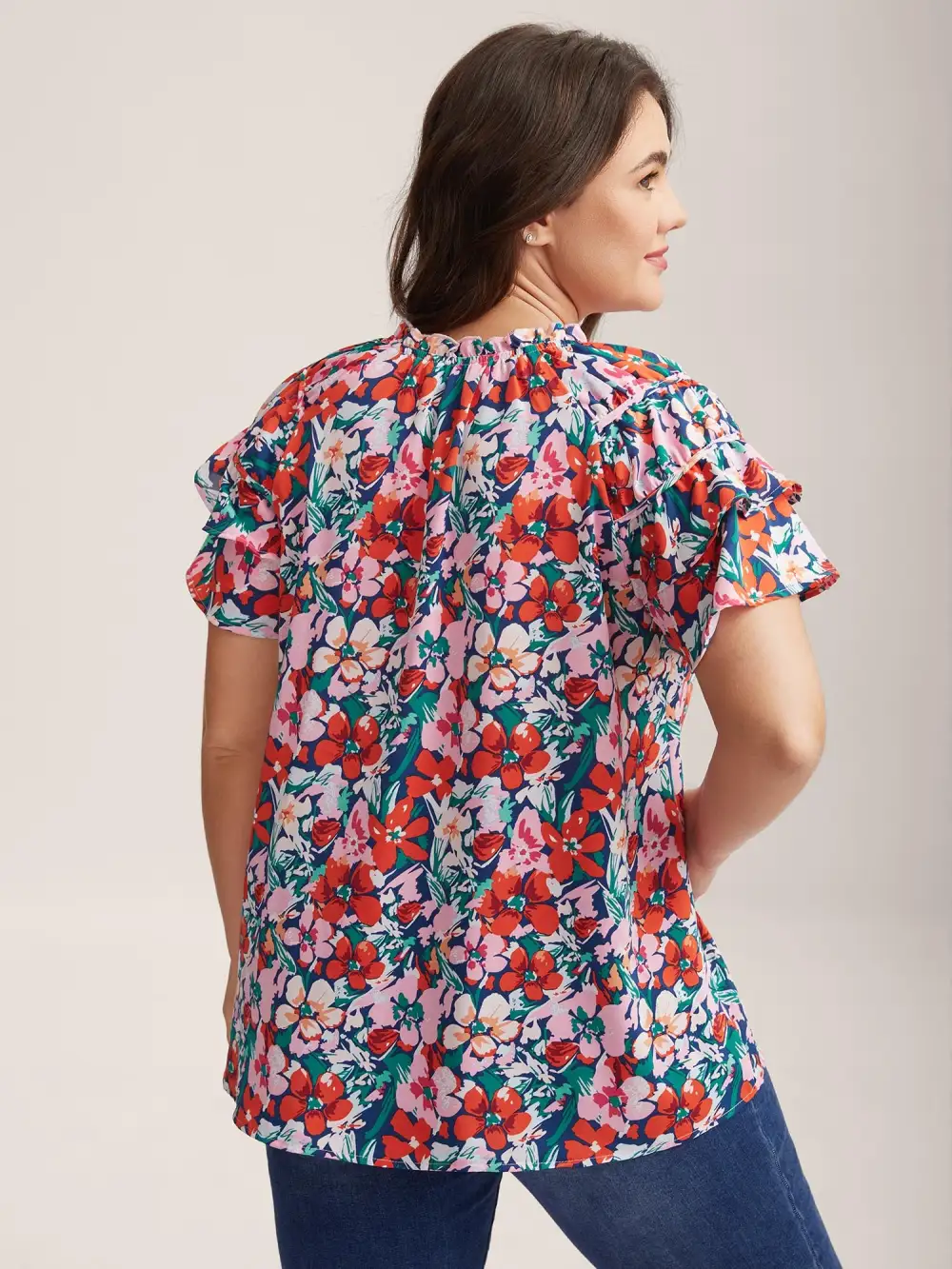 Groovy Floral Print Ruffled Layered Sleeve Blouse