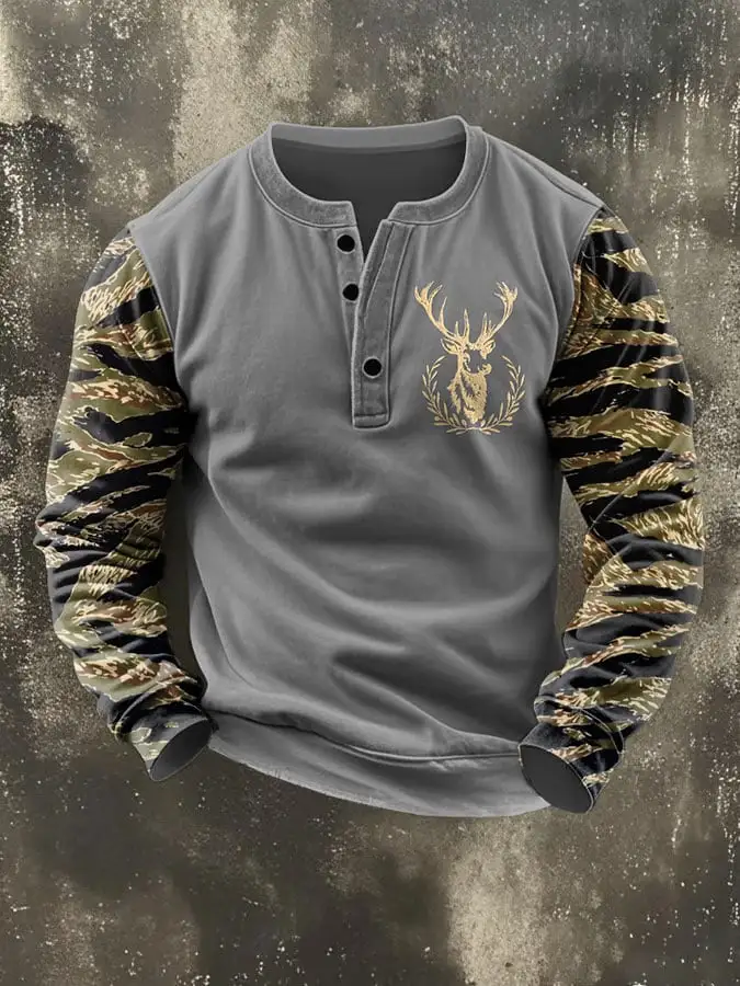 Men's Vintage Western Elk Print Henley Neck Sweatshirt