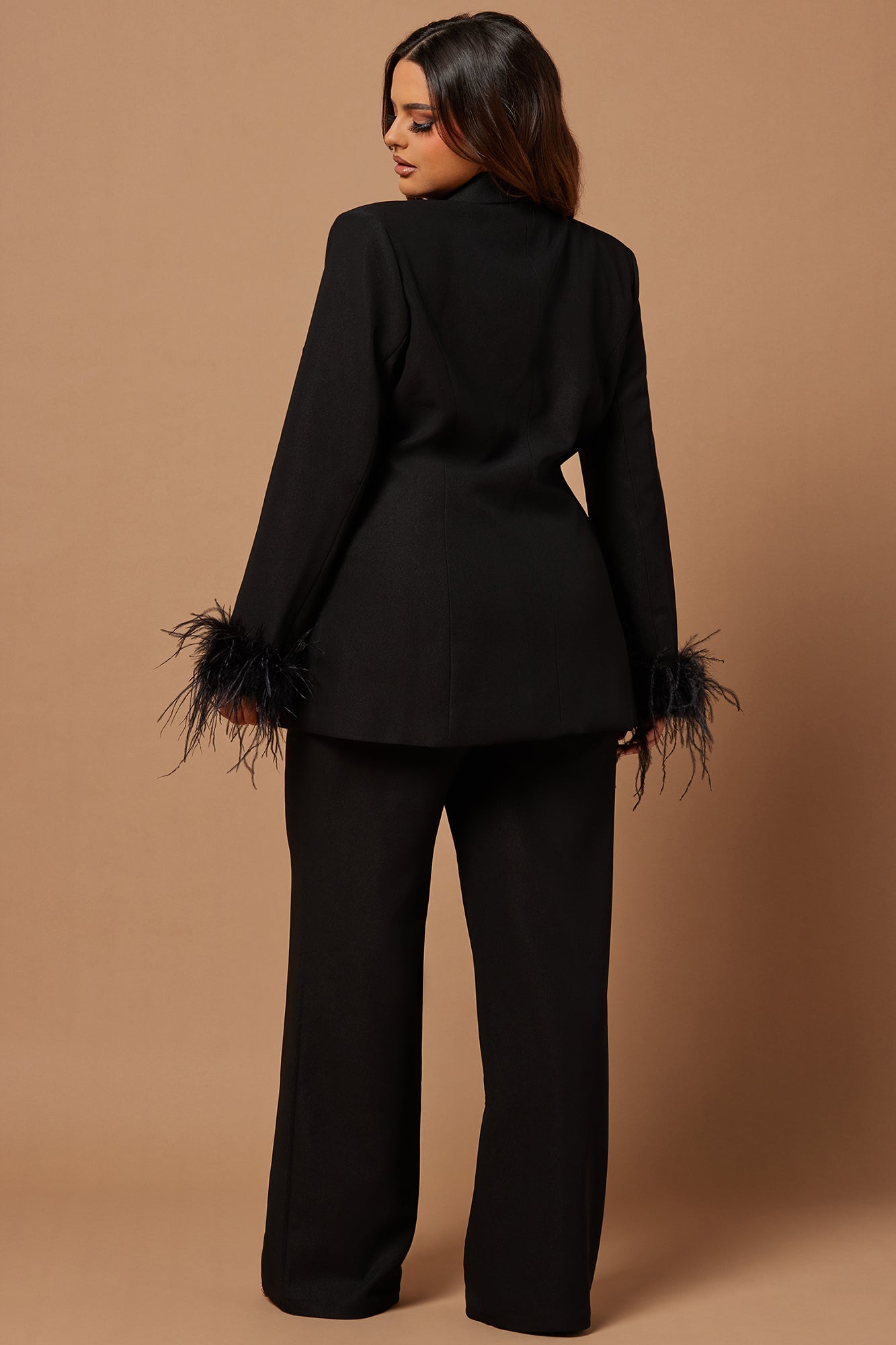 Clarissa Feather Blazer Suit Set - Black