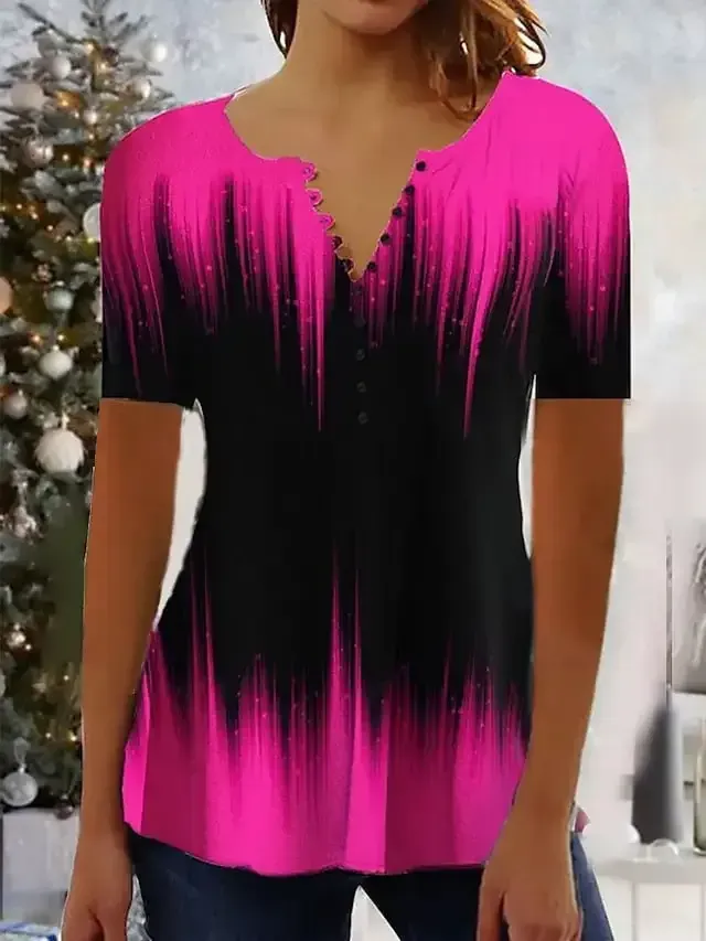 Women's Shirt Blouse White Blue Fuchsia Color Gradient Button Print Short Sleeve Casual Basic Round Neck Regular S