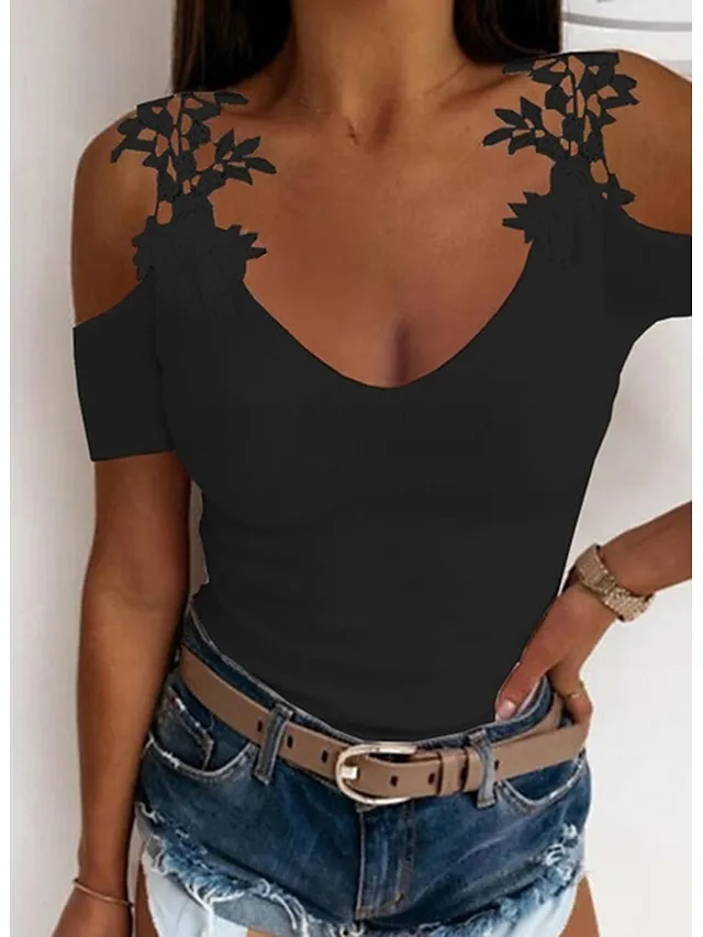 Women's T shirt Tee Going Out Tops Burgundy Tee Concert Tops Plain Lace Cut Out Casual Weekend Elegant Fashion Basic Cold Shoulder Short Sleeve U Neck Off Shoulder Black Summer Spring