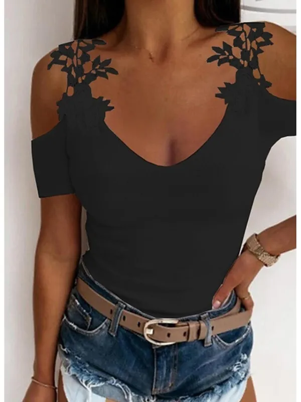 Women's T shirt Tee Going Out Tops Burgundy Tee Concert Tops Plain Lace Cut Out Casual Weekend Elegant Fashion Basic Cold Shoulder Short Sleeve U Neck Off Shoulder Black Summer Spring