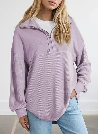 Oversized Waffle Knit Half Zip Pullover Soft Polyester Blend Long Sleeve Sweatshirt