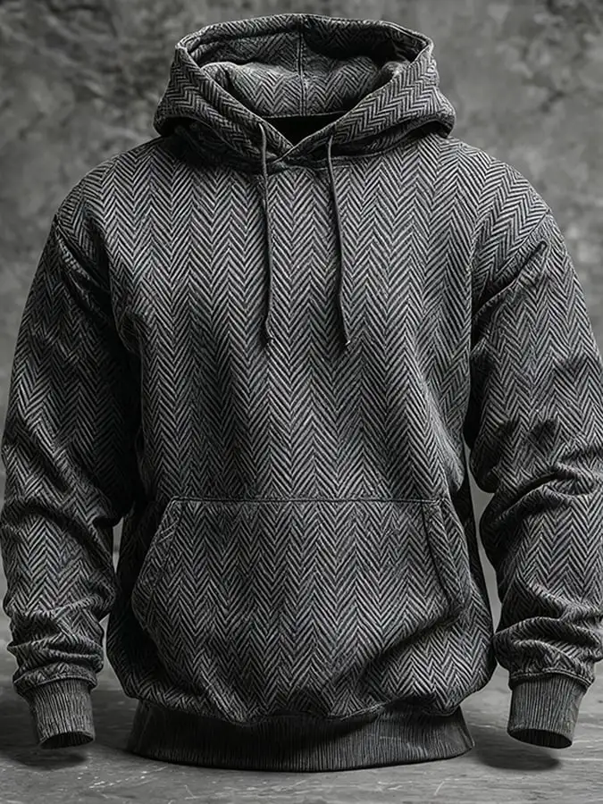 Men's Casual Vintage Herringbone Pattern Long Sleeve Hooded Sweatshirt