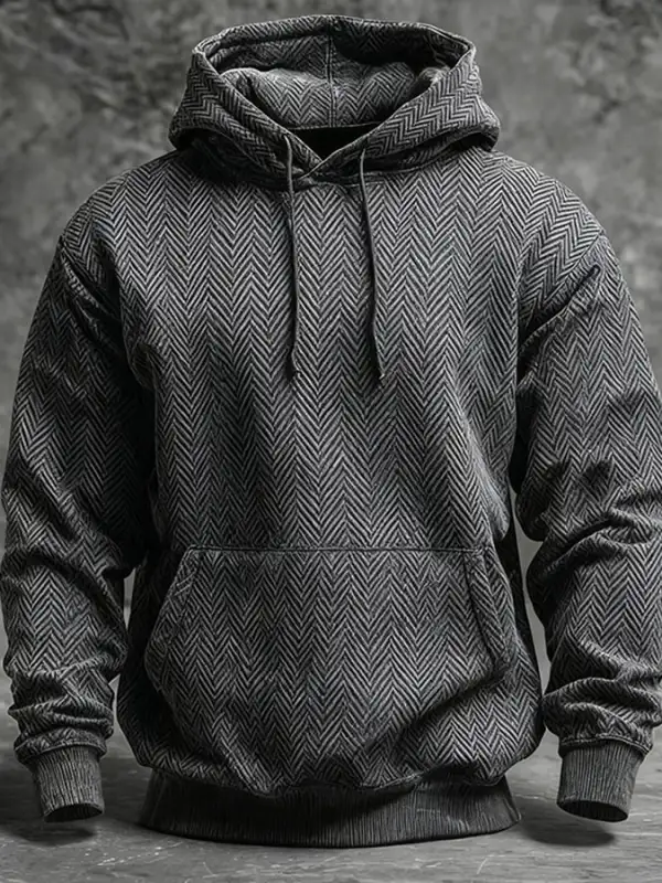 Men's Casual Vintage Herringbone Pattern Long Sleeve Hooded Sweatshirt