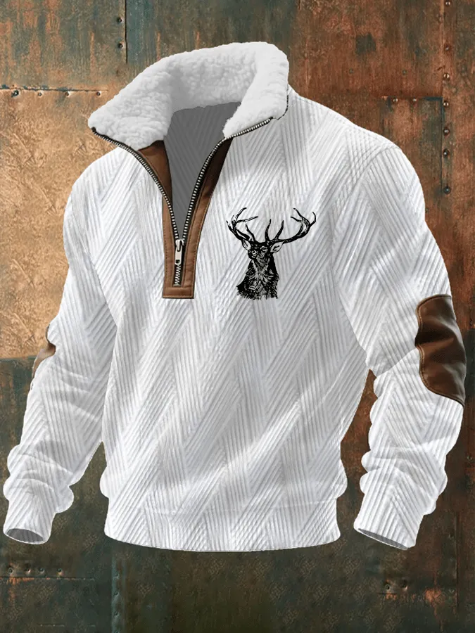 Men's Retro Elk Heat Transfer Jacquard Fabric Zipper Fur Collar Long Sleeve Sweatshirt