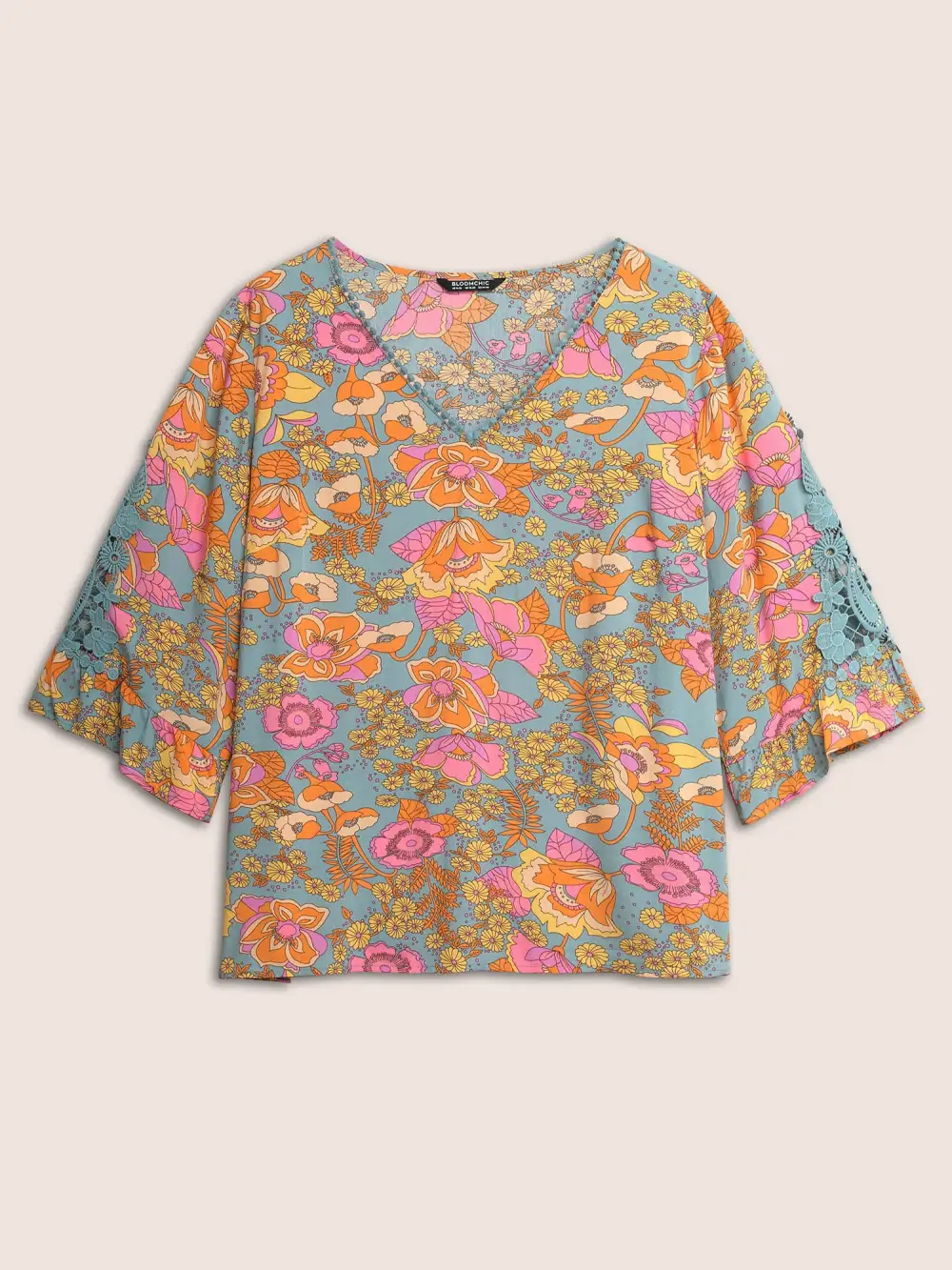 Boho Print Guipure Lace Ruffles Blouse