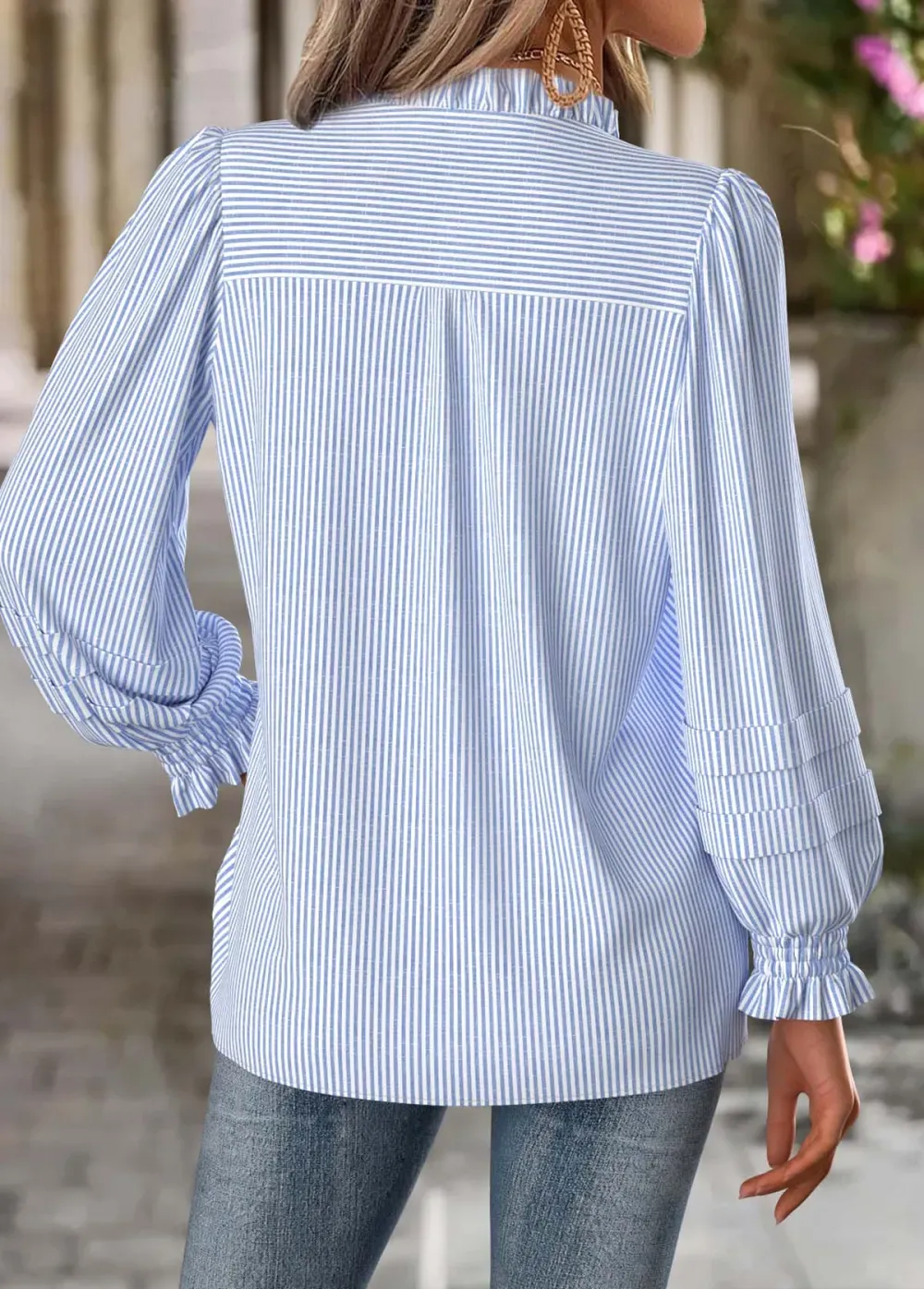 Blue Tummy Coverage Striped Long Sleeve Split Neck Blouse