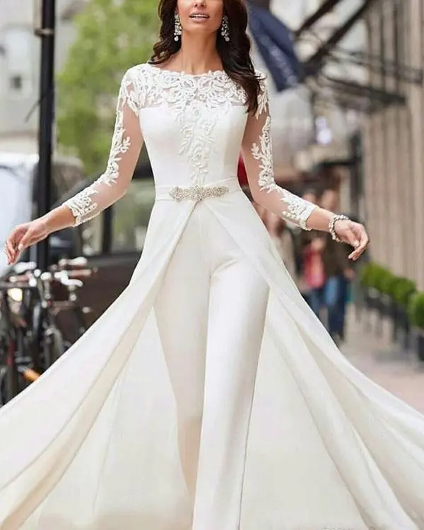 White Jumpsuits Pants Long Sleeve Wedding Dresses Lace Satin With Overskirts