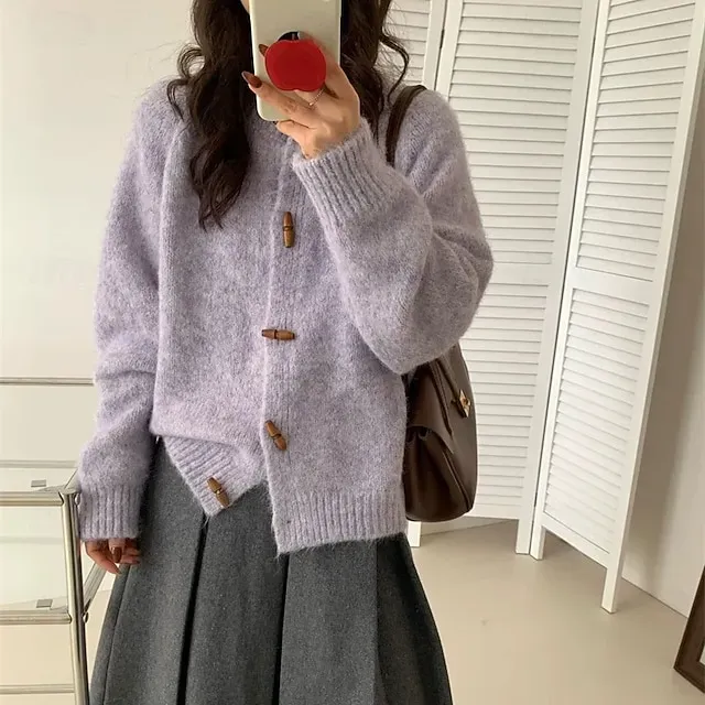 Women's Sweater Cardigan Elegant Fashion Streetwear Pure Color Crew Neck Pocket Knitted Long Sleeve Regular Tops Knit Outdoor Daily Weekend Yellow Light Green Fall Winter