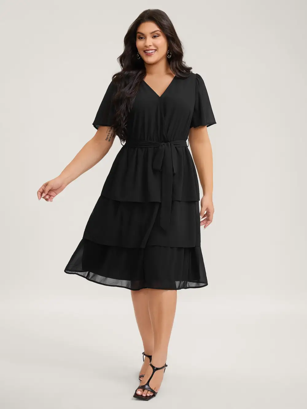 Sheer Chiffon Layered Skirt Belted Midi Dress