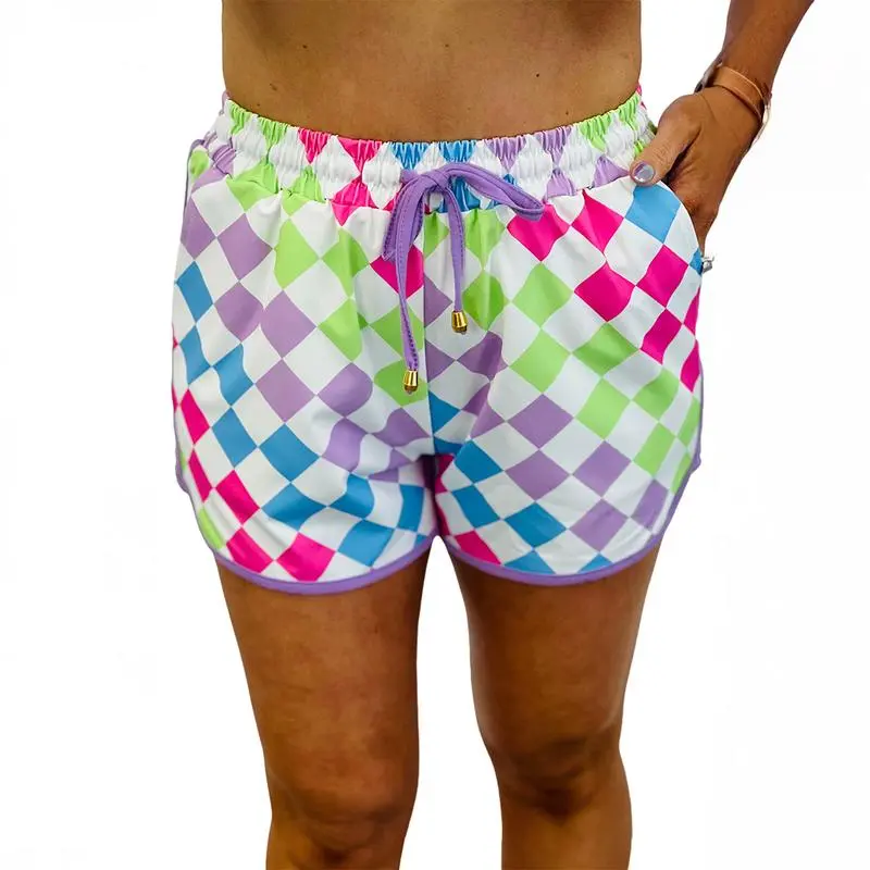 Women’s Checkered Drawstring Shorts – Elastic Waist, Casual Summer Style with Pockets
