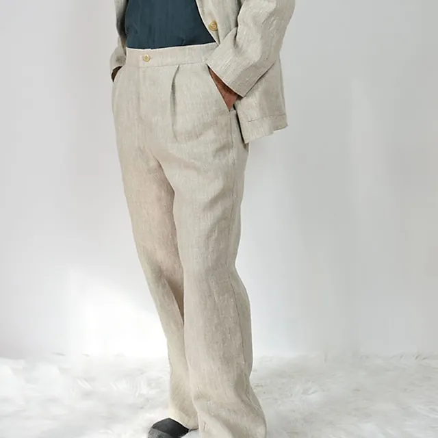 Men's Linen Pants Trousers Summer Pants Pleated Pants Straight Leg Plain Comfort Outdoor Casual Daily Linen / Cotton Blend Streetwear Stylish Black White