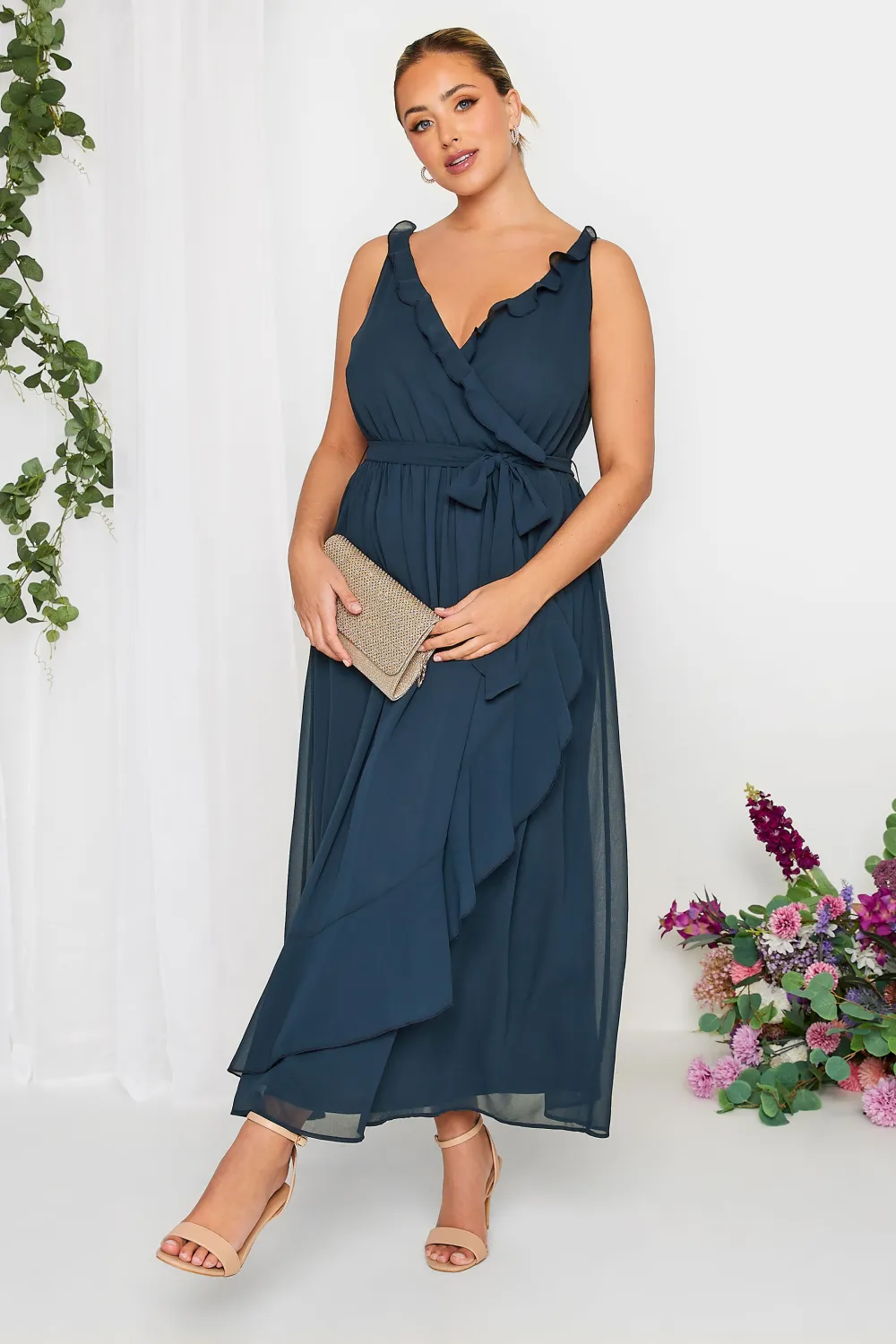 YOURS LONDON Curve Navy Blue Ruffle Wrap Dress