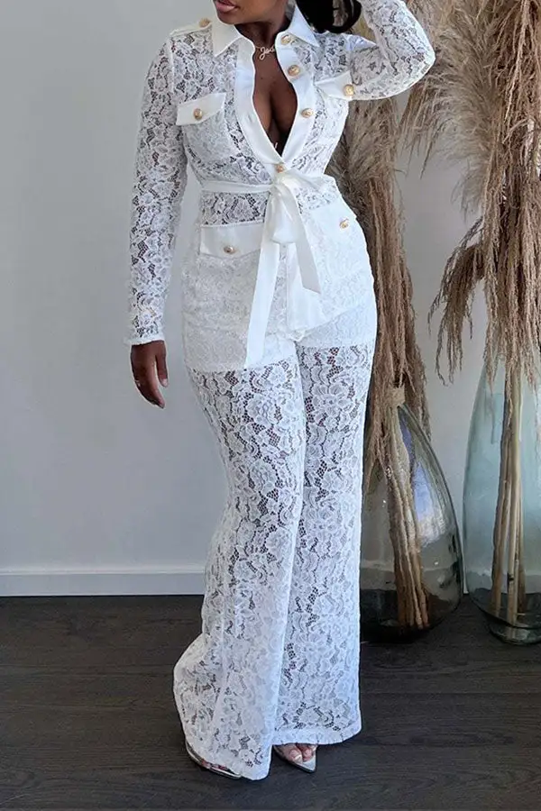 Lace Classic Single Breasted See-Through Pant Suit