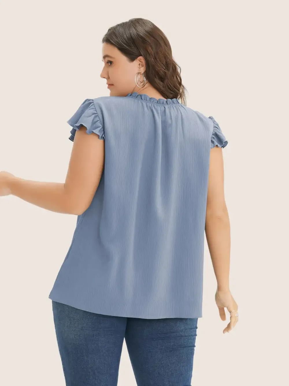 Plain Mock Neck Cap Sleeve Ruffle Trim Blouse