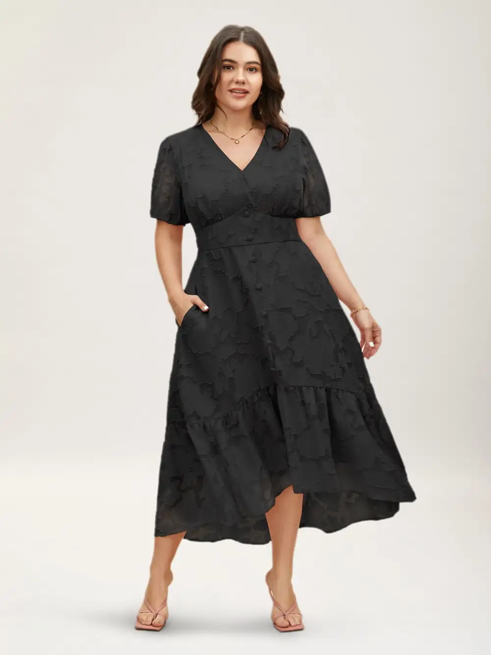 Solid Textured Lantern Sleeve Button Detail Dress