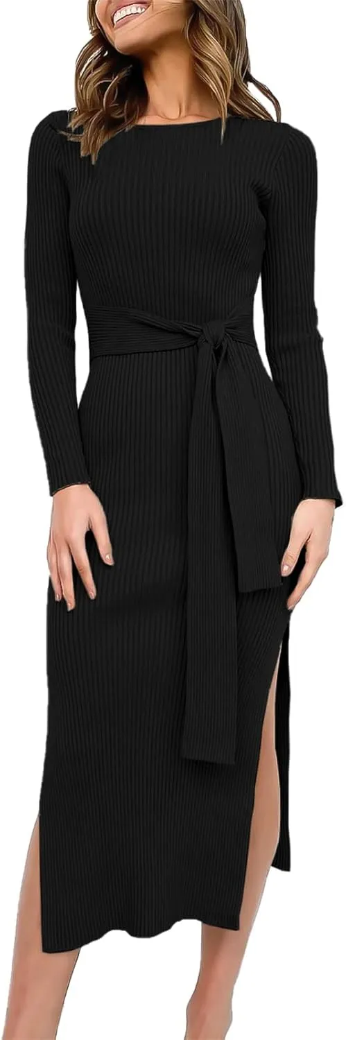 Long Sleeve Sweater Dress Crew Neck Slim Fit Slit Tie Waist 2024 Ribbed Knit Bodycon Midi Dress Fall Outfits