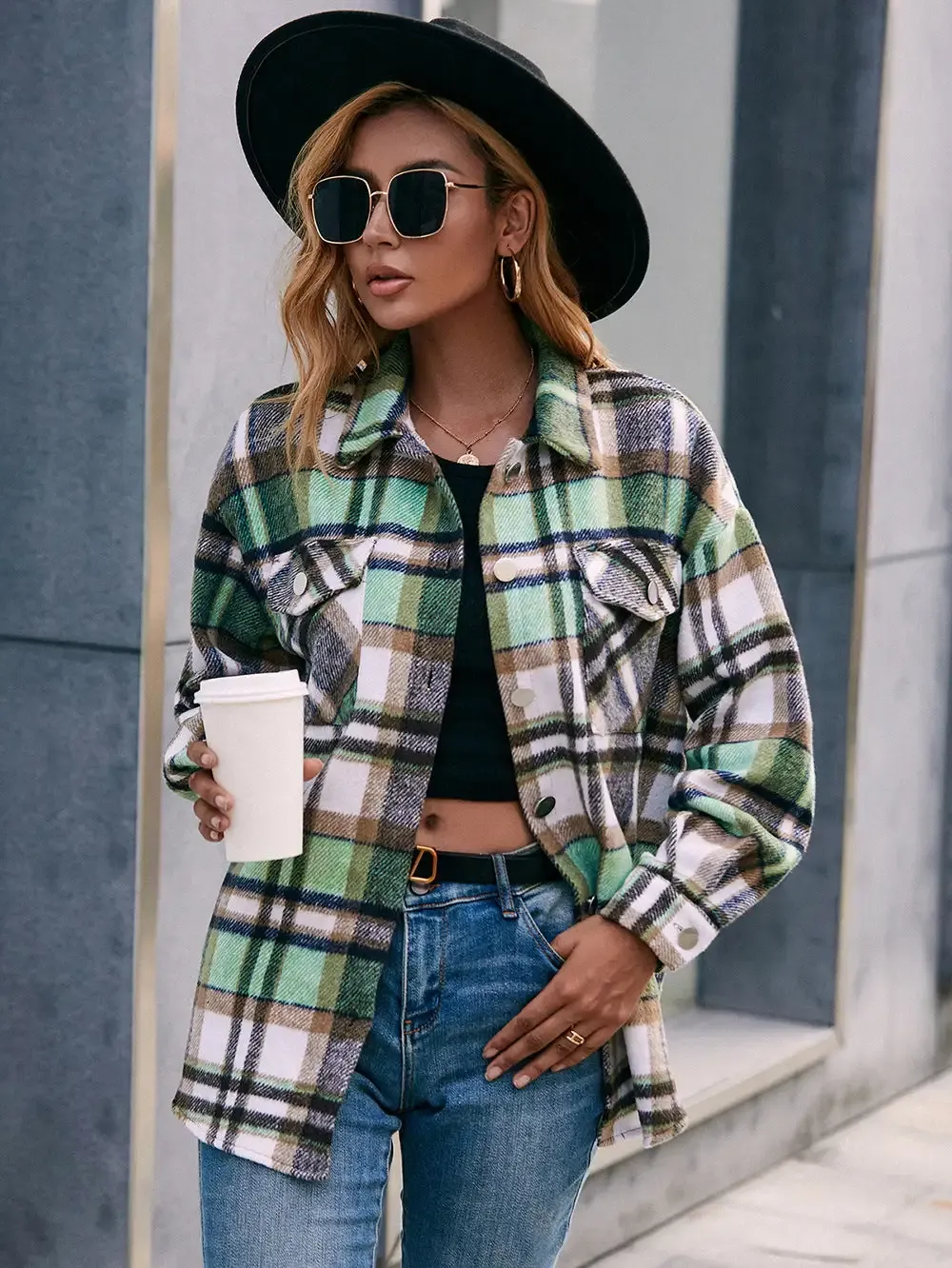 Plaid Button Down Curved Hem Shacket