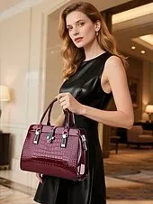 Women's Burgundy Patent Faux Leather Handbag - Croc Embossed Structured Tote Bag with Top Handle and Shoulder Strap, Perfect for Mother's Day Gift, Office, Business and Formal Occasions