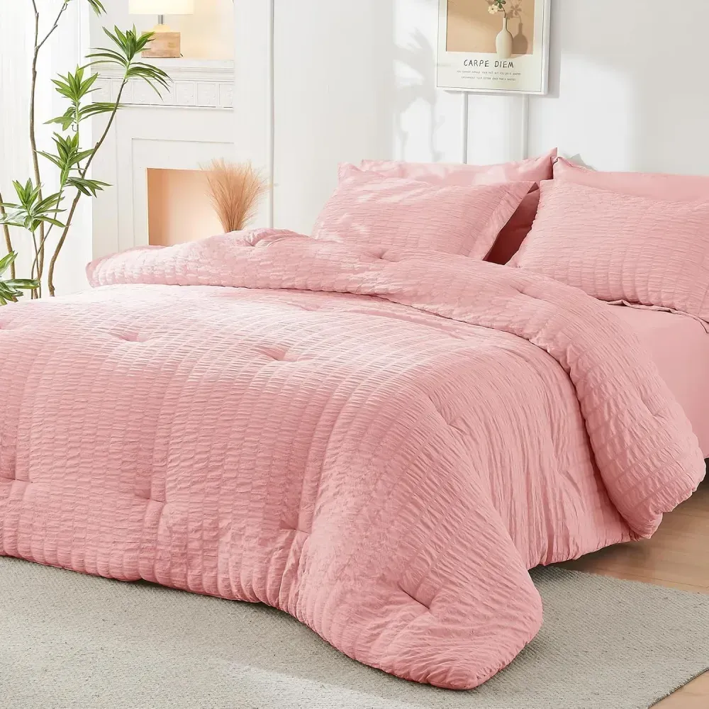 Queen Comforter Set Seersucker 7 Pieces, All Season Luxury Bed in a Bag for Bedroom, Bedding Set with Comforters, Sheets, Pillowcases & Shams, Dark Grey