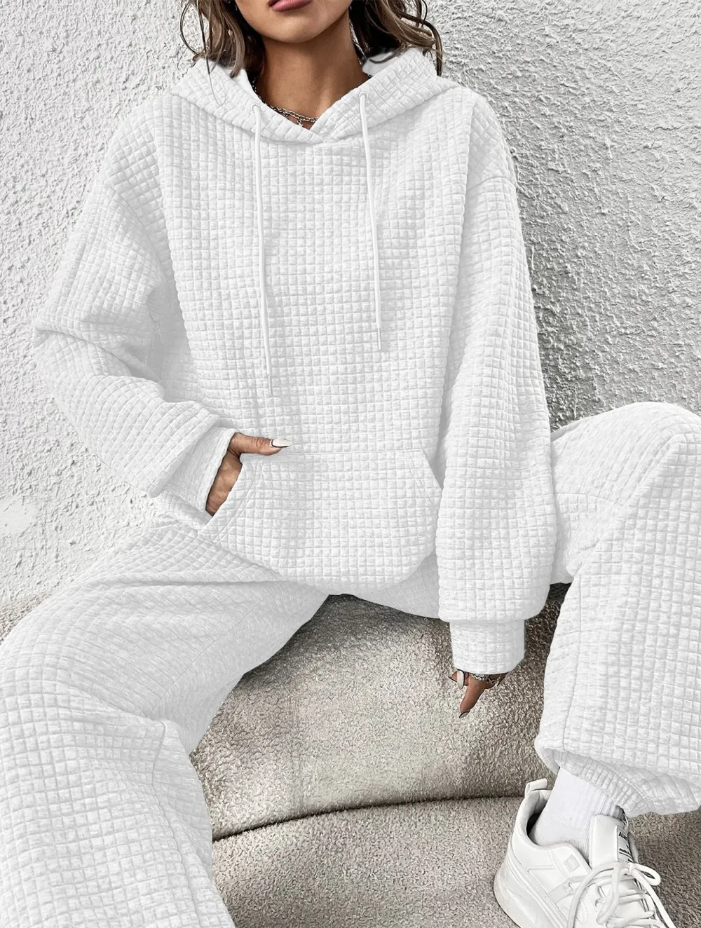 Kangaroo Pocket Drop Shoulder Drawstring Hoodie & Sweatpants