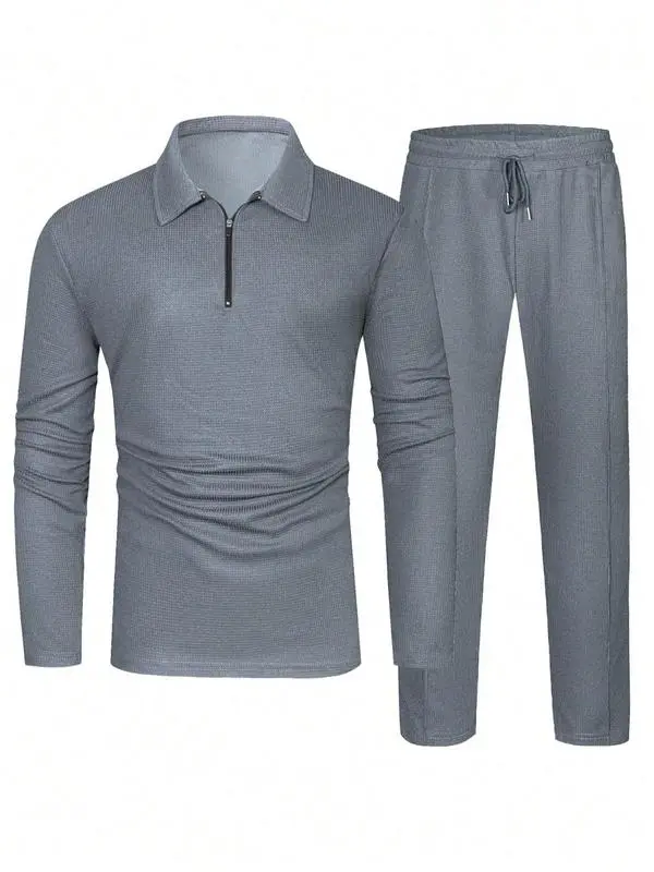 Men's Solid Textured Long Sleeve Polo Shirt & Drawstring Waist Pants Set