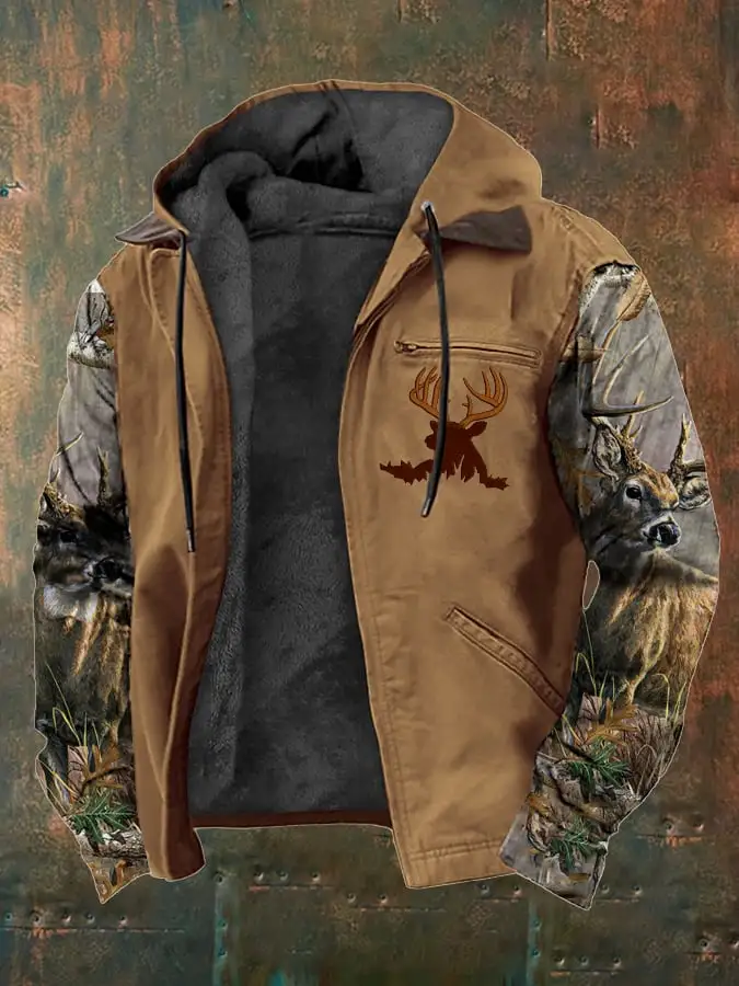 Men's Western Style Vintage Elk Plush Multi-Pocket Jacket