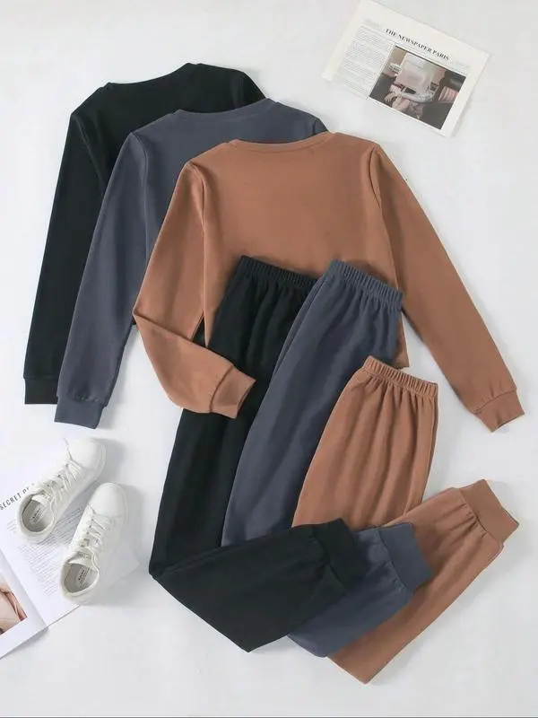 Women's lounge/pajama set: solid long-sleeve round-neck tee + tie-front elastic-waist pants, casual and comfy