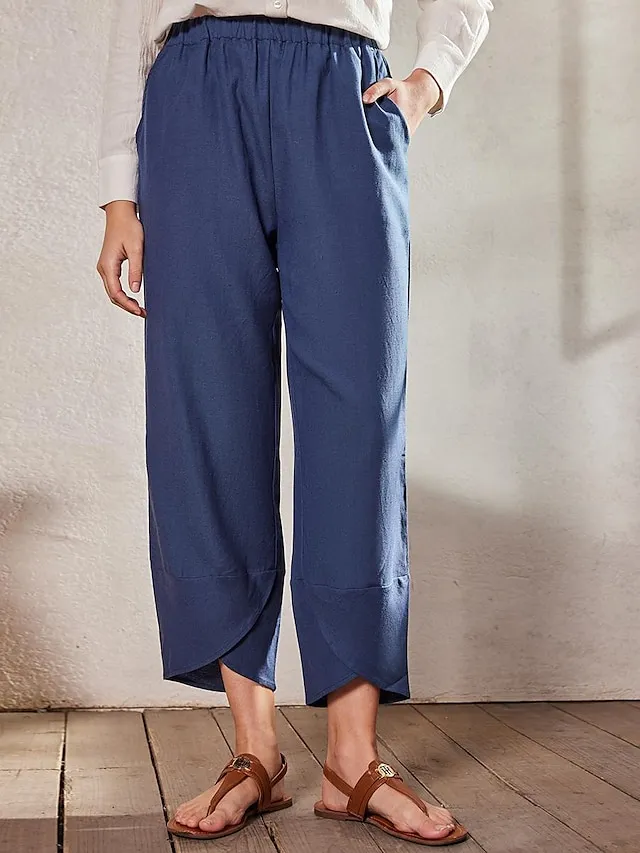 Women's Linen Pants Chinos Pants Trousers Cotton Plain Side Pockets Baggy Ankle-Length Mid Waist Fashion Casual Weekend Navy Blue khaki S M