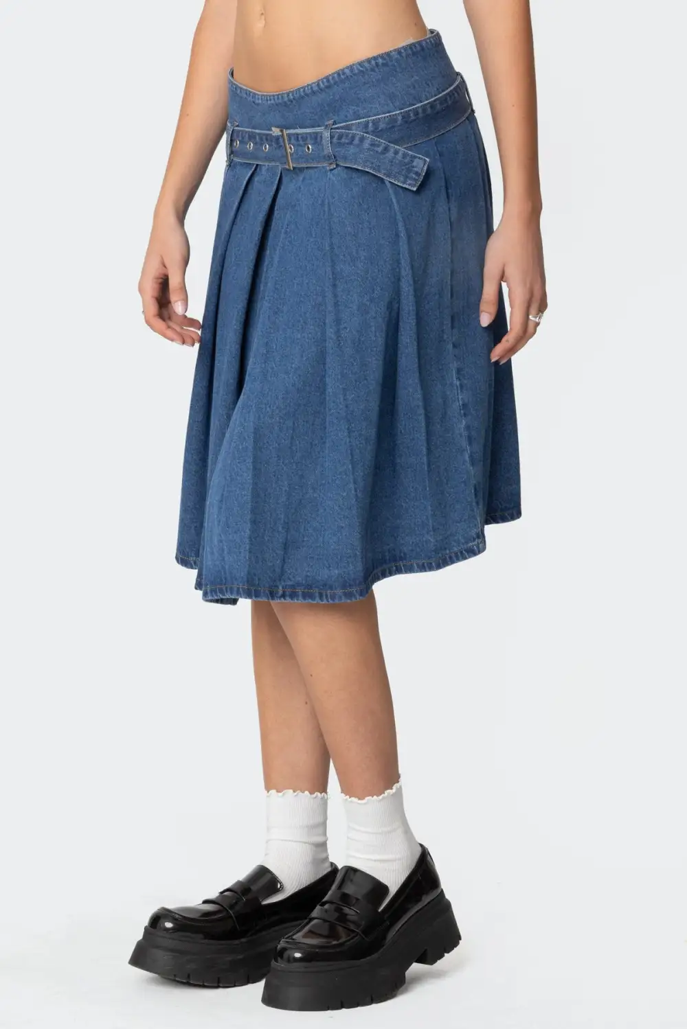 Belted Pleated Denim Midi Skirt