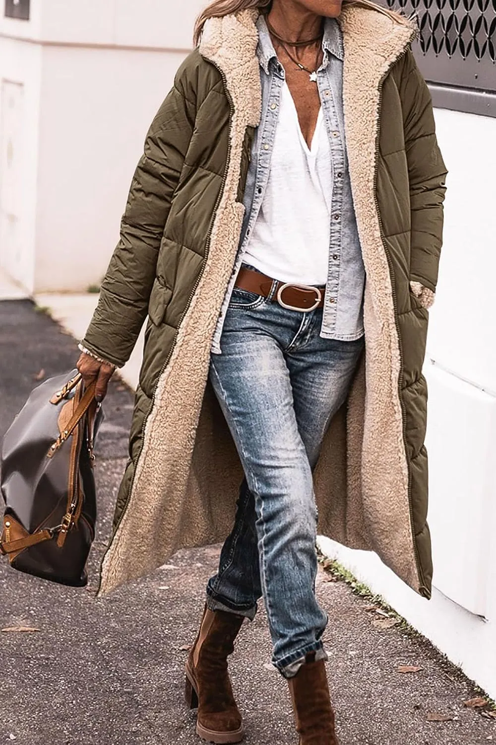 Women's Warm Winter Coats Reversible Sherpa Fleece Long Hooded Puffer Jackets Outerwear